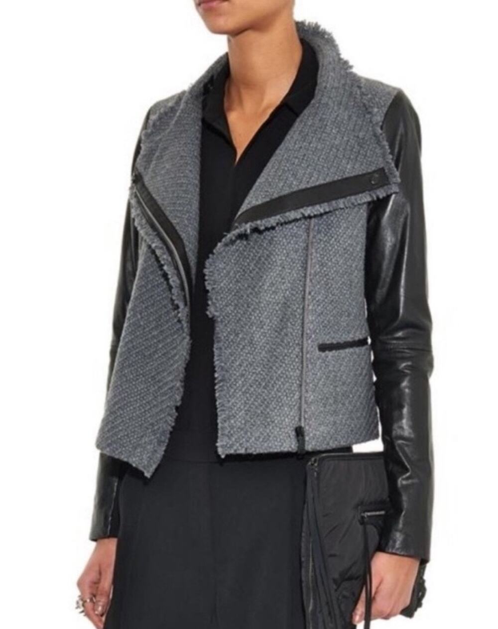 Vince Wool & Leather Moto Jacket Gray Black Size M Minimalist Quiet Luxury